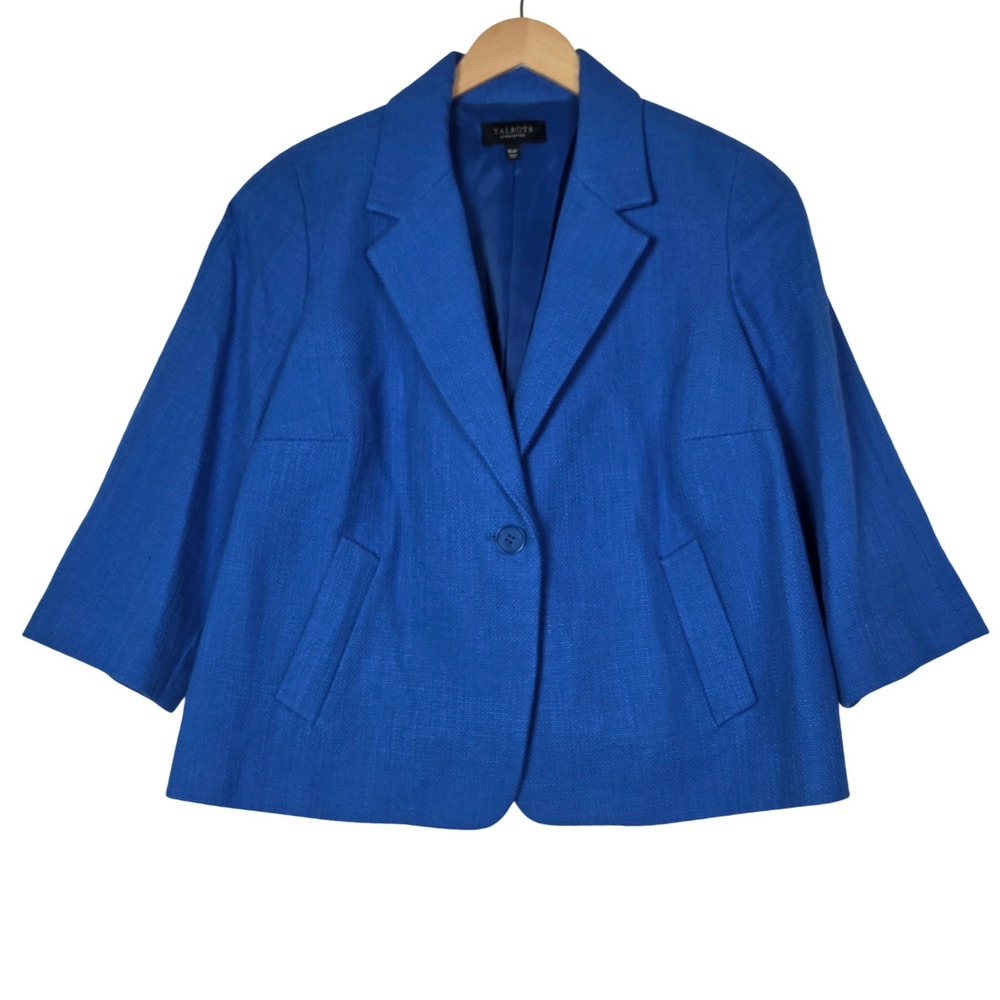Talbots Womens Blazer 16WP Blue Cotton Cropped 3 4 Sleeve Petite Career